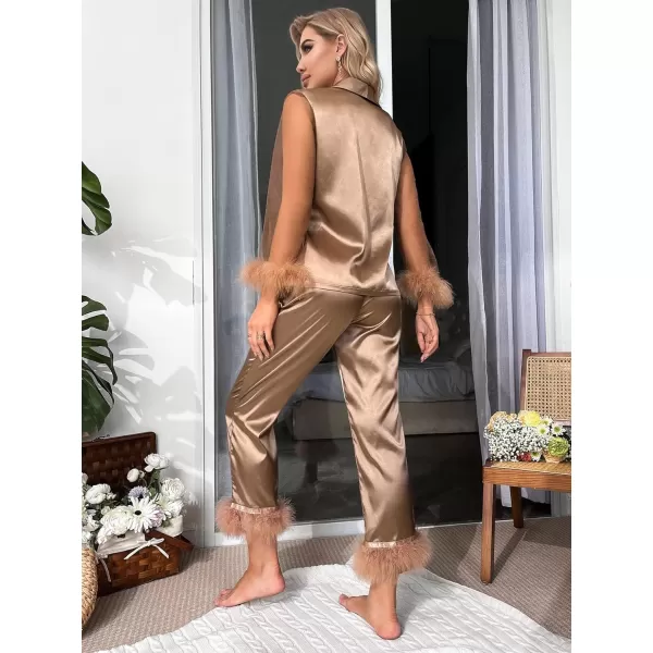 WDIRARA Women's Satin Fuzzy Trim Mesh Long Sleeve Button Down Pajamas Pants Set Sleepwear