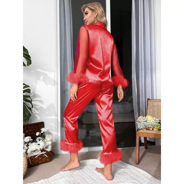 WDIRARA Women's Satin Fuzzy Trim Mesh Long Sleeve Button Down Pajamas Pants Set Sleepwear