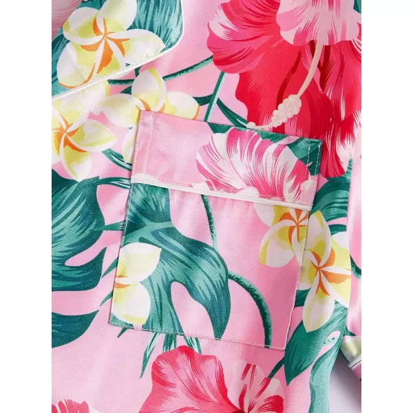 WDIRARA Women's Satin Heart Print Short Sleeve Button Down Flamingo Pajamas Shorts Set