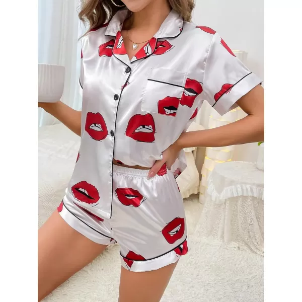 WDIRARA Women's Satin Heart Print Short Sleeve Button Down Flamingo Pajamas Shorts Set