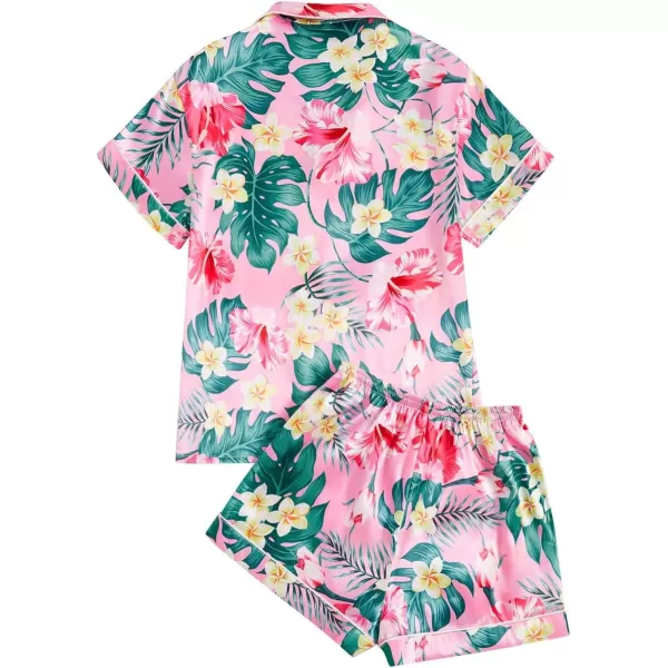 WDIRARA Women's Satin Heart Print Short Sleeve Button Down Flamingo Pajamas Shorts Set