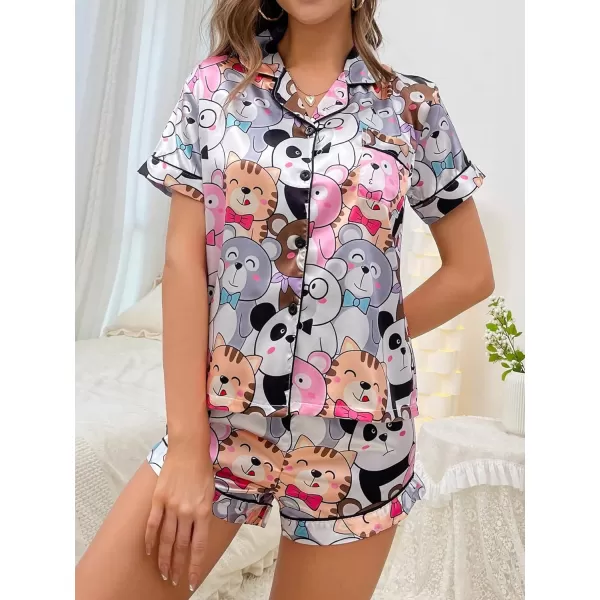 WDIRARA Women's Satin Heart Print Short Sleeve Button Down Flamingo Pajamas Shorts Set