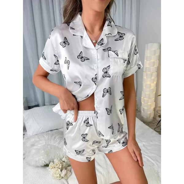 WDIRARA Women's Satin Heart Print Short Sleeve Button Down Flamingo Pajamas Shorts Set