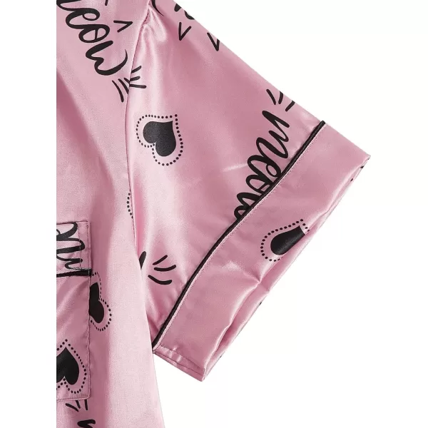 WDIRARA Women's Satin Heart Print Short Sleeve Button Down Flamingo Pajamas Shorts Set