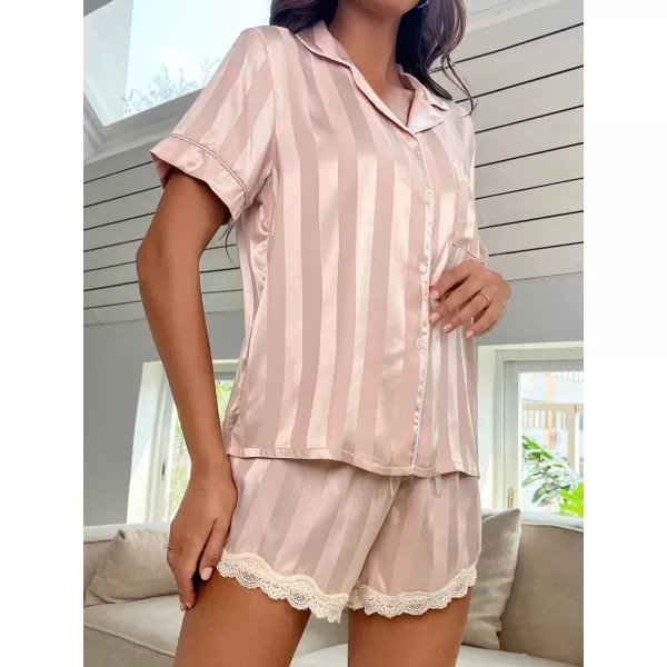 WDIRARA Women's Satin Heart Print Short Sleeve Button Down Flamingo Pajamas Shorts Set