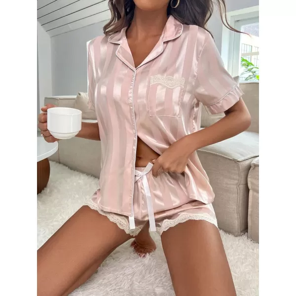 WDIRARA Women's Satin Heart Print Short Sleeve Button Down Flamingo Pajamas Shorts Set