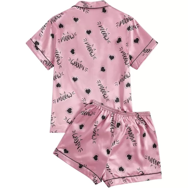 WDIRARA Women's Satin Heart Print Short Sleeve Button Down Flamingo Pajamas Shorts Set