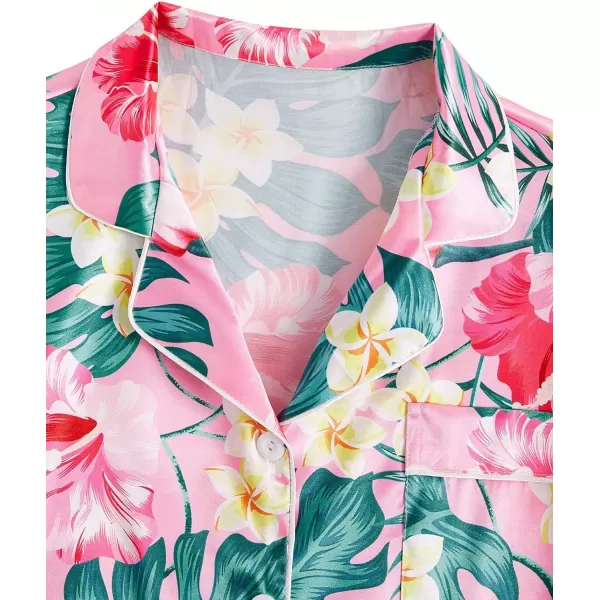 WDIRARA Women's Satin Heart Print Short Sleeve Button Down Flamingo Pajamas Shorts Set