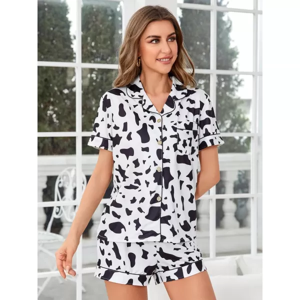 WDIRARA Women's Satin Heart Print Short Sleeve Button Down Flamingo Pajamas Shorts Set