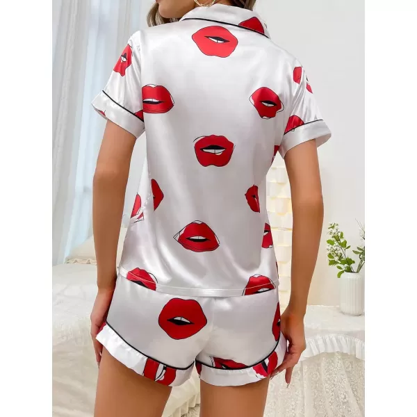 WDIRARA Women's Satin Heart Print Short Sleeve Button Down Flamingo Pajamas Shorts Set