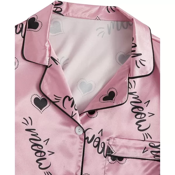 WDIRARA Women's Satin Heart Print Short Sleeve Button Down Flamingo Pajamas Shorts Set