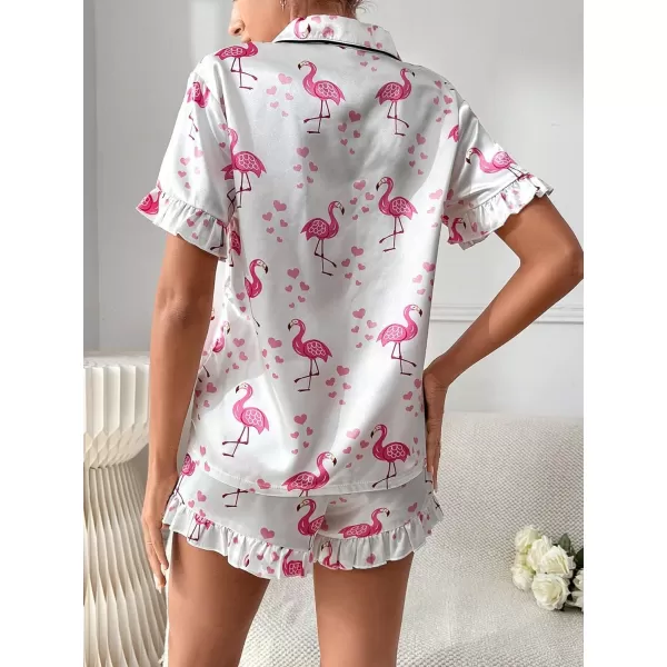 WDIRARA Women's Satin Heart Print Short Sleeve Button Down Flamingo Pajamas Shorts Set