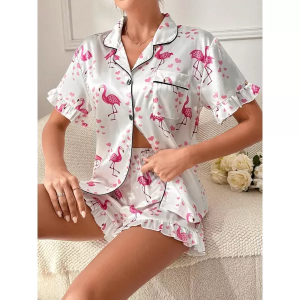 WDIRARA Women's Satin Heart Print Short Sleeve Button Down Flamingo Pajamas Shorts Set