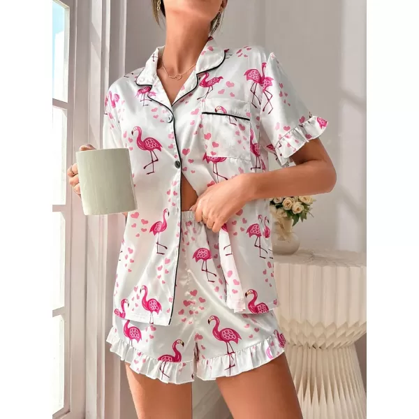 WDIRARA Women's Satin Heart Print Short Sleeve Button Down Flamingo Pajamas Shorts Set