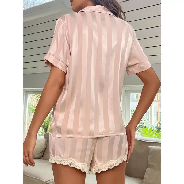 WDIRARA Women's Satin Heart Print Short Sleeve Button Down Flamingo Pajamas Shorts Set