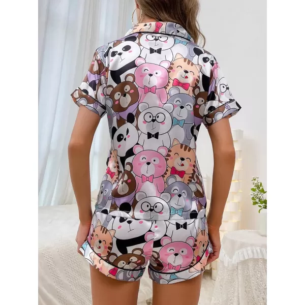 WDIRARA Women's Satin Heart Print Short Sleeve Button Down Flamingo Pajamas Shorts Set