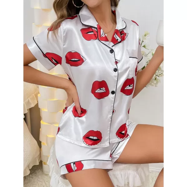 WDIRARA Women's Satin Heart Print Short Sleeve Button Down Flamingo Pajamas Shorts Set