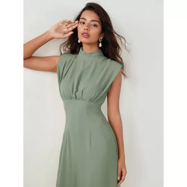 WDIRARA Women's Satin Mock Neck Sleeveless Shoulder Pad High Waist Flared Hem A Line Midi Dress