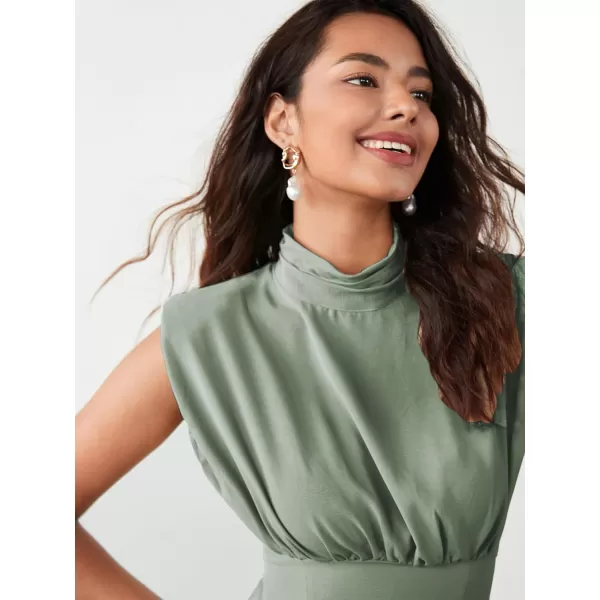 WDIRARA Women's Satin Mock Neck Sleeveless Shoulder Pad High Waist Flared Hem A Line Midi Dress