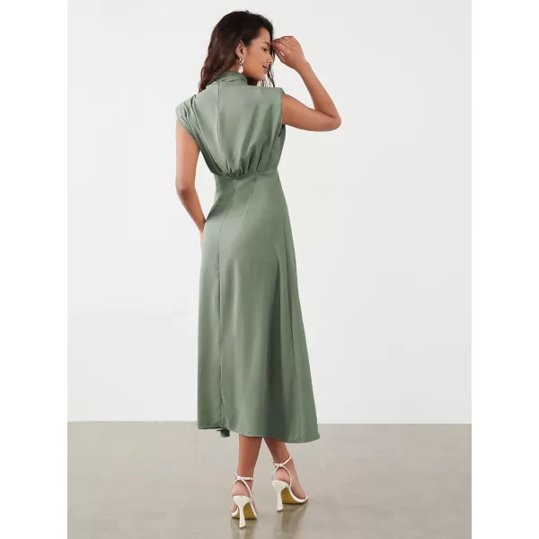 WDIRARA Women's Satin Mock Neck Sleeveless Shoulder Pad High Waist Flared Hem A Line Midi Dress