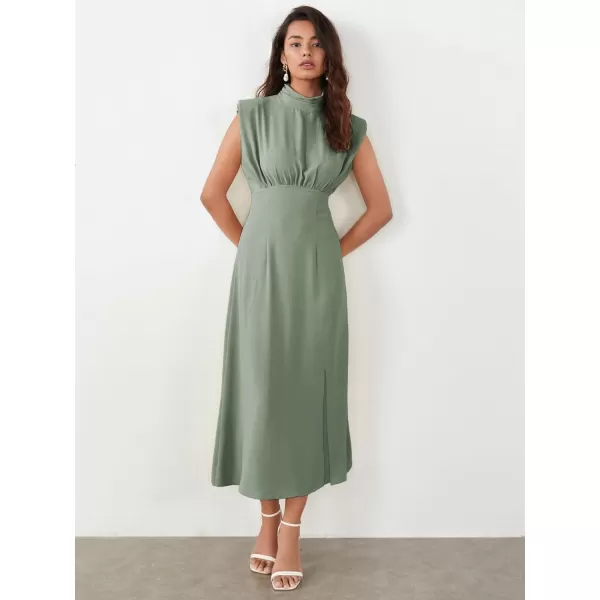 WDIRARA Women's Satin Mock Neck Sleeveless Shoulder Pad High Waist Flared Hem A Line Midi Dress