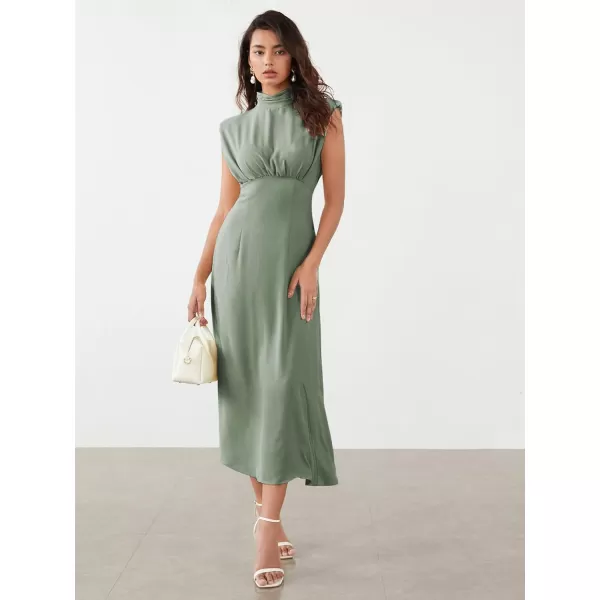 WDIRARA Women's Satin Mock Neck Sleeveless Shoulder Pad High Waist Flared Hem A Line Midi Dress