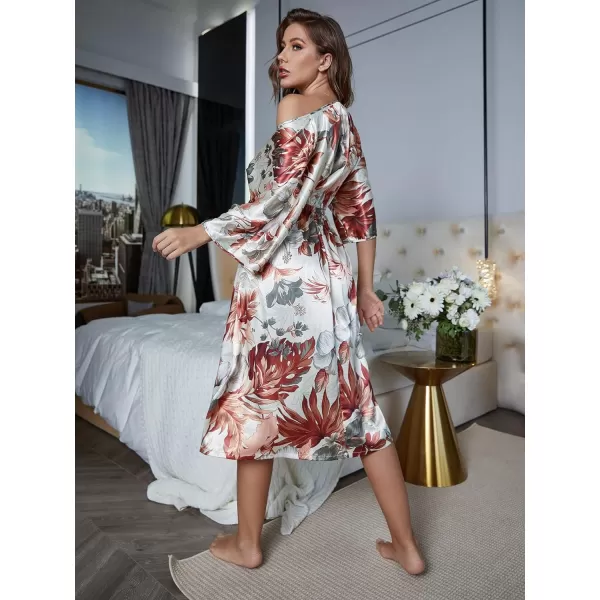 WDIRARA Women's Satin Nightgown Floral Print V Neck Short Sleeve Silk Night Dress