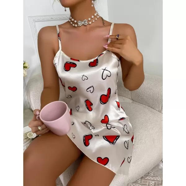 WDIRARA Women's Satin Nightgown Heart Print Spaghetti Strap Chemise Slip Nightdress