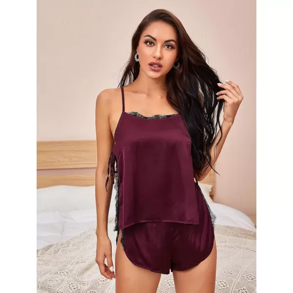 WDIRARA Women's Satin Nightgown Lace Trim Halter V Neck Split Babydoll Lingerie Slip Dress