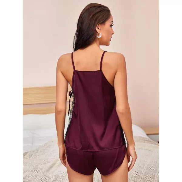 WDIRARA Women's Satin Nightgown Lace Trim Halter V Neck Split Babydoll Lingerie Slip Dress
