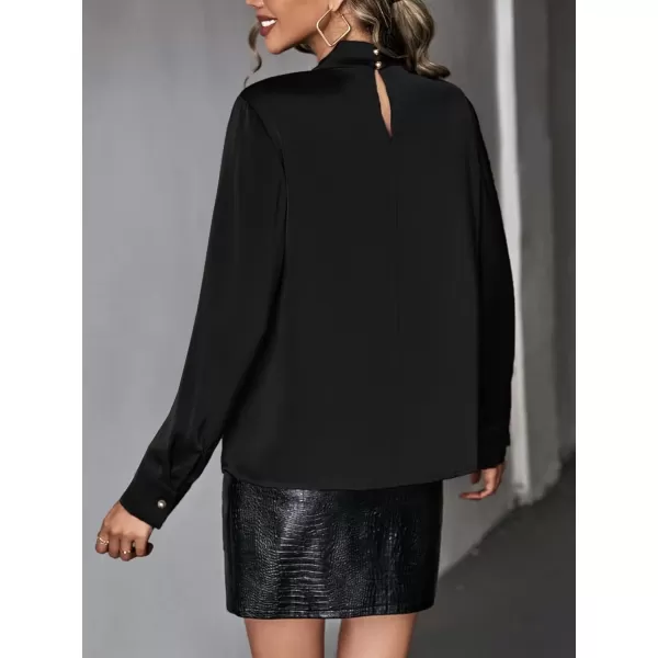 WDIRARA Women's Satin Silk Long Sleeve Formal Solid Elegant Blouse Shirt Top