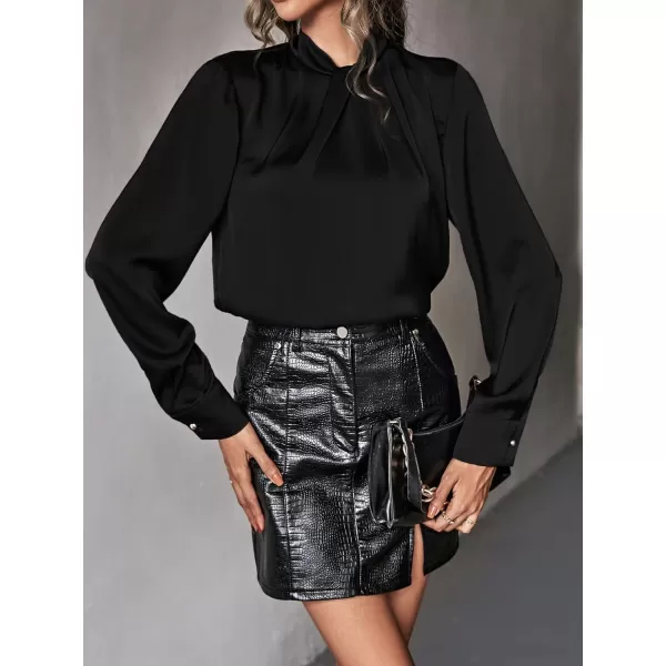 WDIRARA Women's Satin Silk Long Sleeve Formal Solid Elegant Blouse Shirt Top
