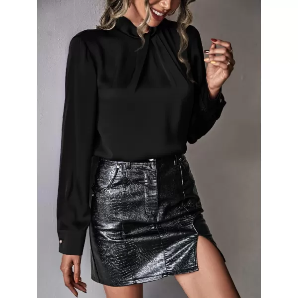 WDIRARA Women's Satin Silk Long Sleeve Formal Solid Elegant Blouse Shirt Top