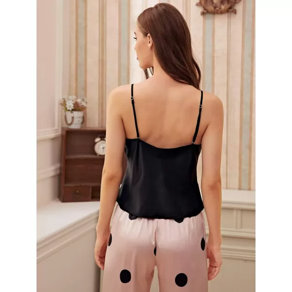 WDIRARA Women's Satin Sleepwear Lace Trim V Neck Cami Top and Polka Dots Pants Pj Set