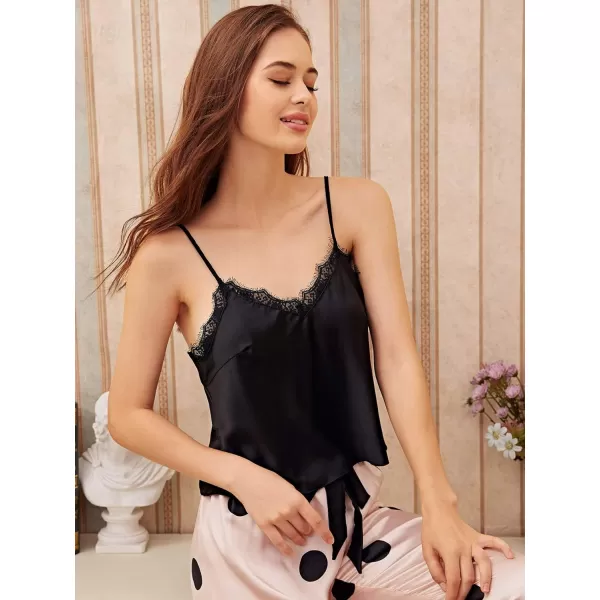 WDIRARA Women's Satin Sleepwear Lace Trim V Neck Cami Top and Polka Dots Pants Pj Set