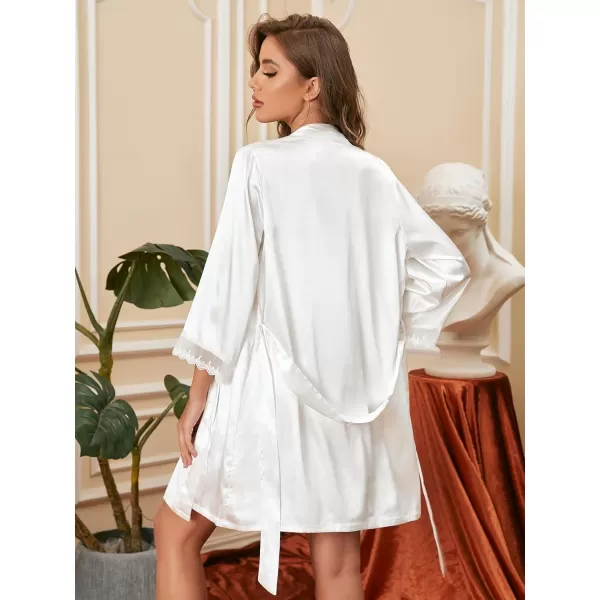 WDIRARA Women's Satin Sleepwear V Neck Lace Slip Dress and Belted Robe Pajama Set