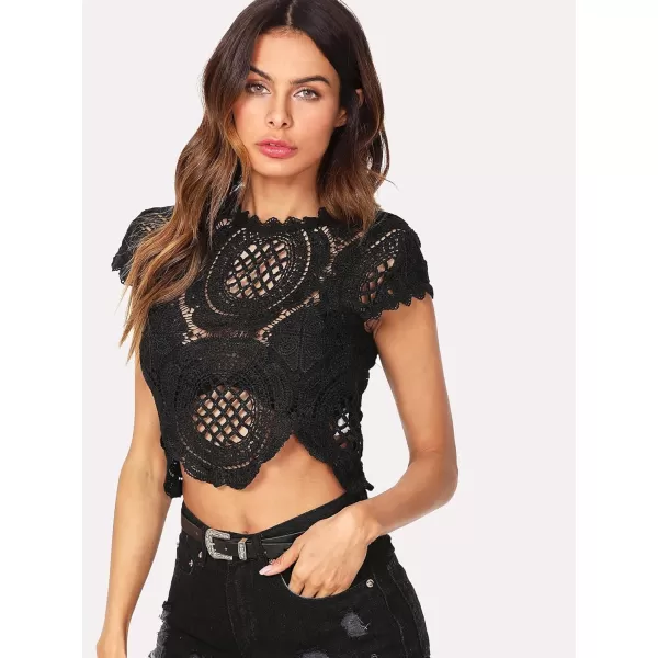 WDIRARA Women's See Through Mesh Lace Crop Top Crochet Short Sleeve Embroidered Tops