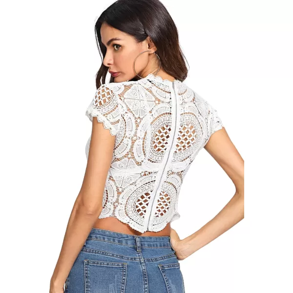 WDIRARA Women's See Through Mesh Lace Crop Top Crochet Short Sleeve Embroidered Tops