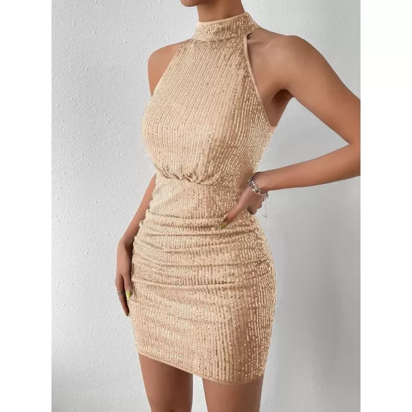 WDIRARA Women's Sequin Sparkly Halter Neck Sleeveless Ruched Bodycon Party Mini Dress