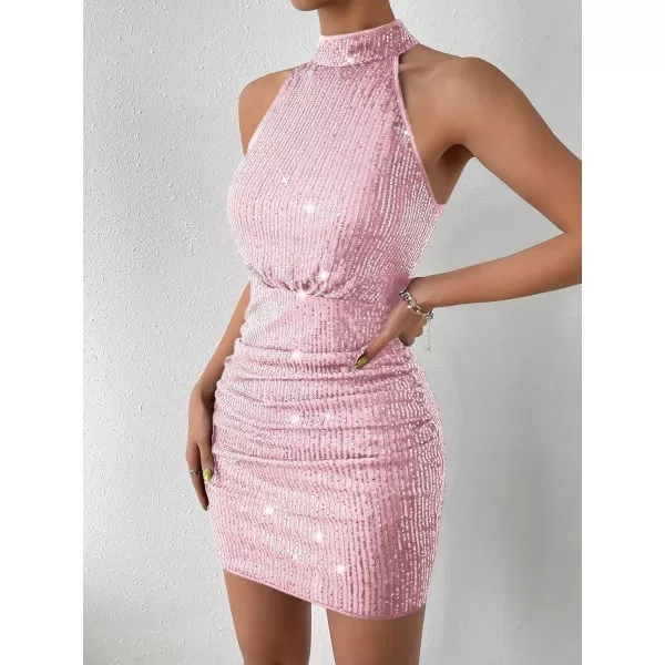 WDIRARA Women's Sequin Sparkly Halter Neck Sleeveless Ruched Bodycon Party Mini Dress