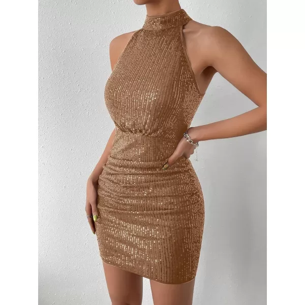 WDIRARA Women's Sequin Sparkly Halter Neck Sleeveless Ruched Bodycon Party Mini Dress