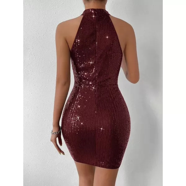 WDIRARA Women's Sequin Sparkly Halter Neck Sleeveless Ruched Bodycon Party Mini Dress