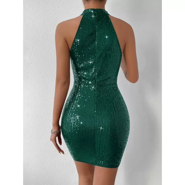 WDIRARA Women's Sequin Sparkly Halter Neck Sleeveless Ruched Bodycon Party Mini Dress
