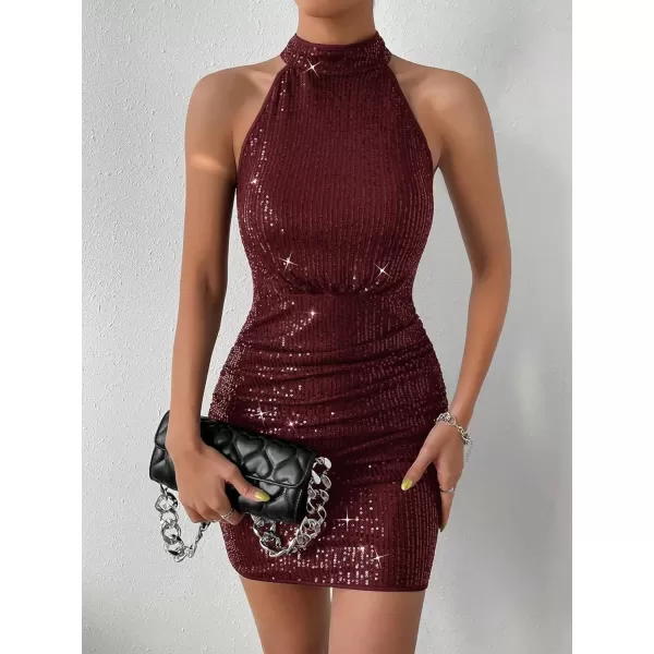 WDIRARA Women's Sequin Sparkly Halter Neck Sleeveless Ruched Bodycon Party Mini Dress