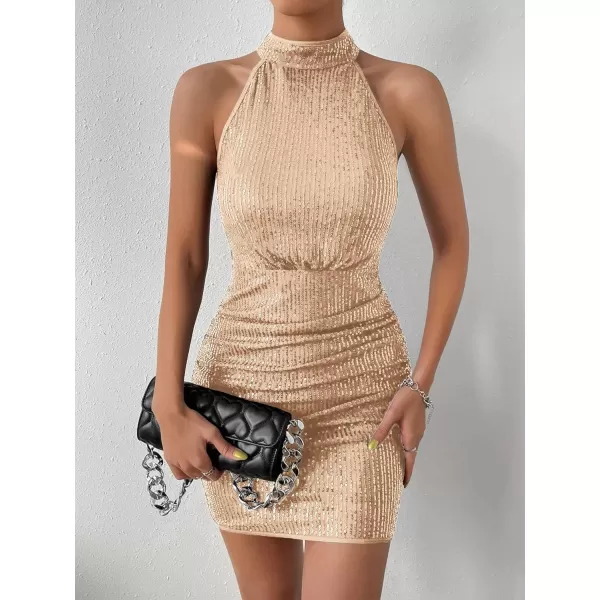 WDIRARA Women's Sequin Sparkly Halter Neck Sleeveless Ruched Bodycon Party Mini Dress
