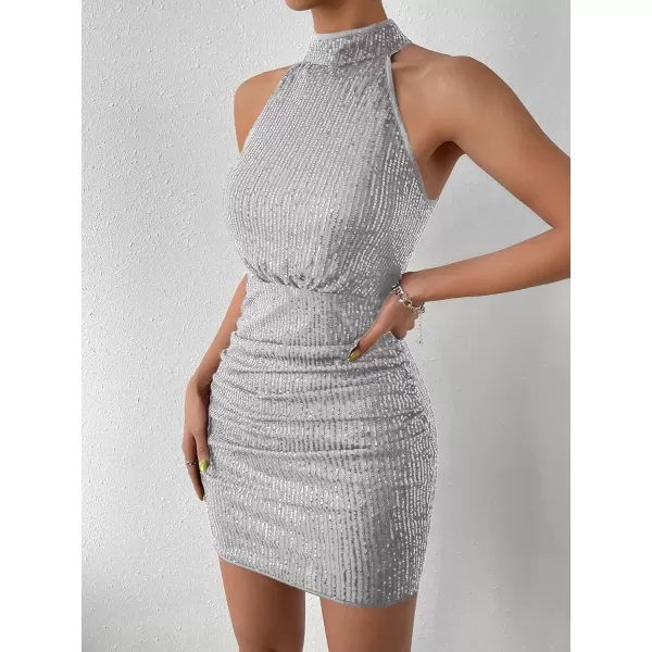 WDIRARA Women's Sequin Sparkly Halter Neck Sleeveless Ruched Bodycon Party Mini Dress