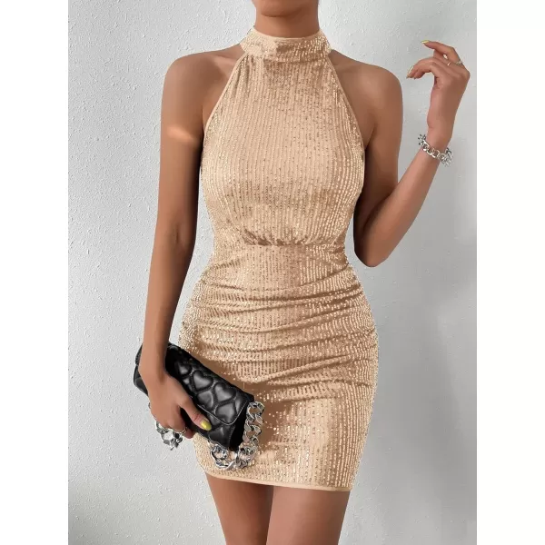 WDIRARA Women's Sequin Sparkly Halter Neck Sleeveless Ruched Bodycon Party Mini Dress
