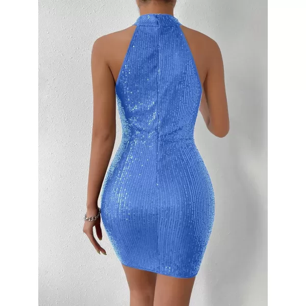 WDIRARA Women's Sequin Sparkly Halter Neck Sleeveless Ruched Bodycon Party Mini Dress