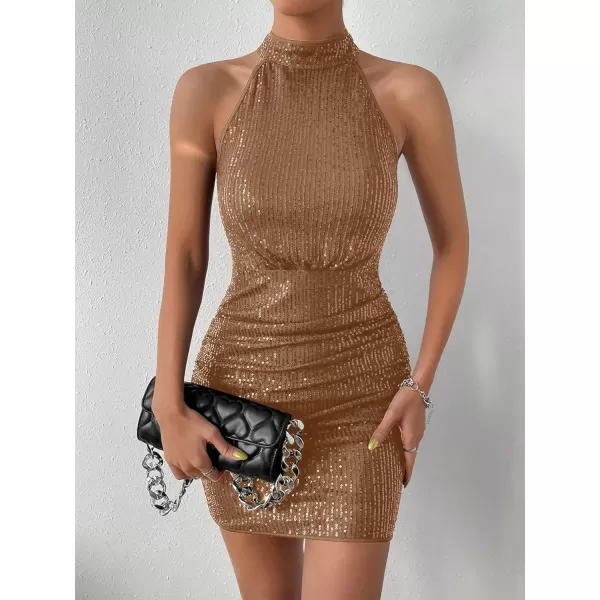 WDIRARA Women's Sequin Sparkly Halter Neck Sleeveless Ruched Bodycon Party Mini Dress