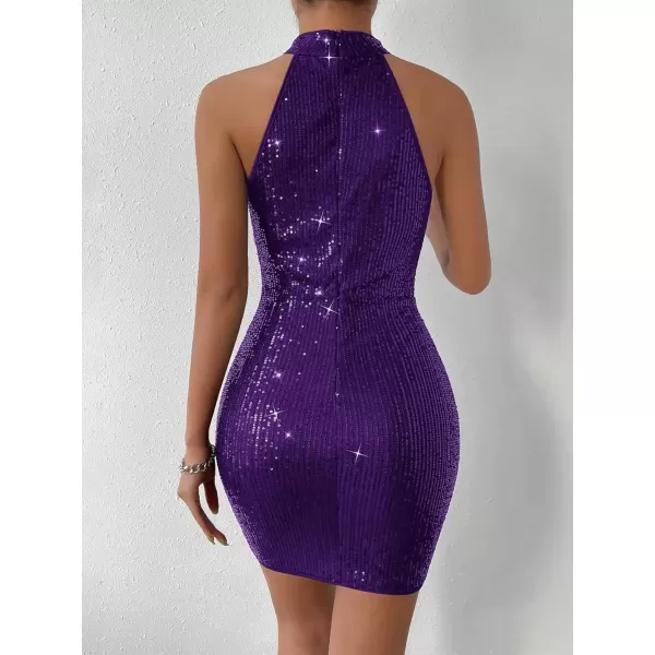 WDIRARA Women's Sequin Sparkly Halter Neck Sleeveless Ruched Bodycon Party Mini Dress